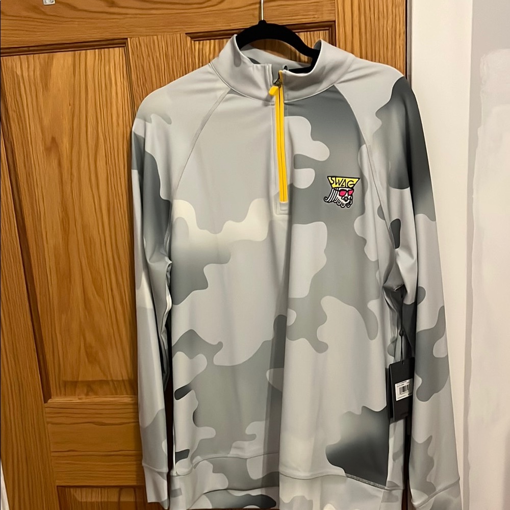 Gray and White Camouflage Pullover with Yellow Accent